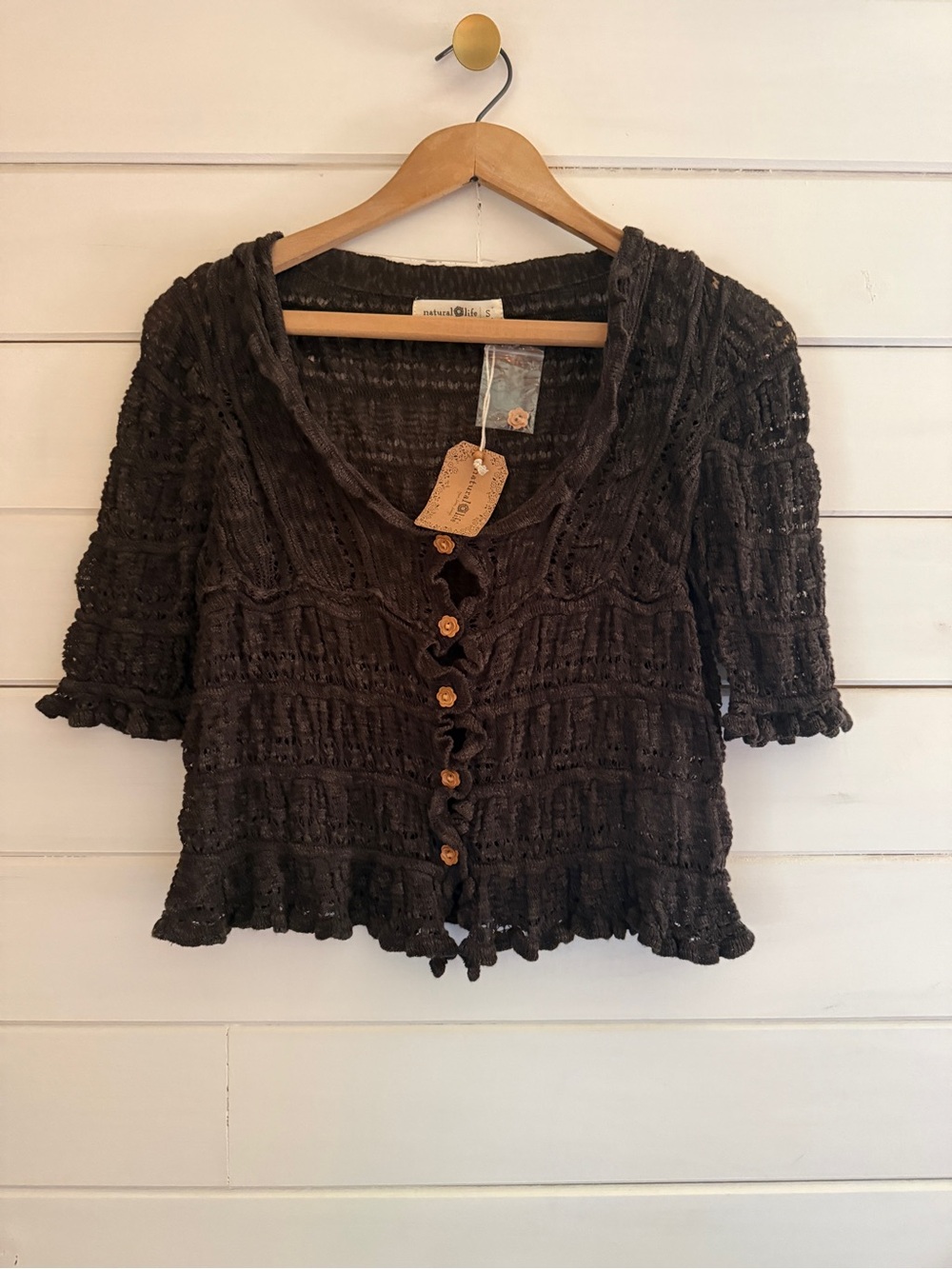 NWT NATURAL LIFE Juliet Ruffle Top Short Sleeve Cardigan Sz SMALL Green Boho